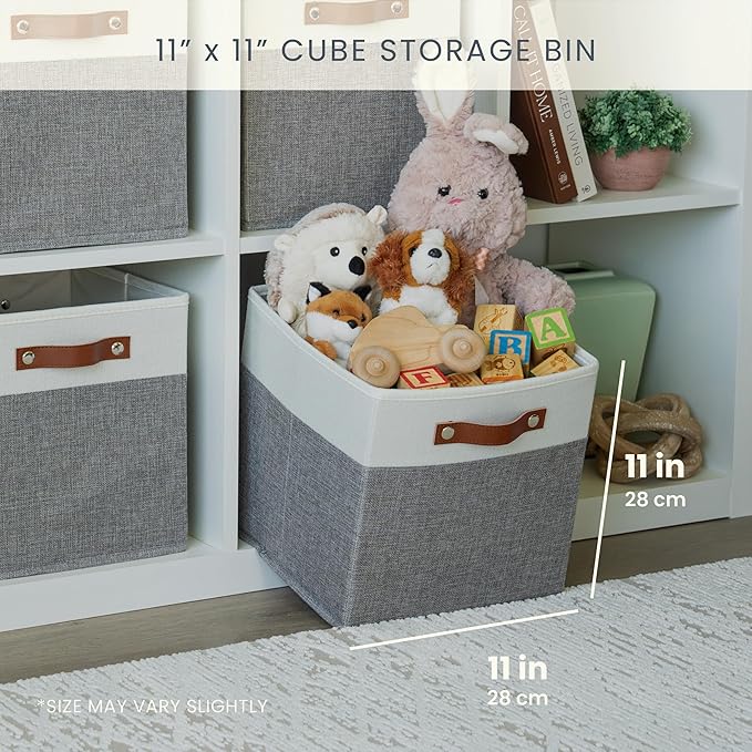 OrganiHaus 11x11 Fabric Cubes Storage Bins Set of 4, Foldable Collapsible Fabric Storage Bins for Organizer, Cubbies Organizer for Kallax, Linen Cube Shelf Baskets, Toy Organizing boxes - Grey/White
