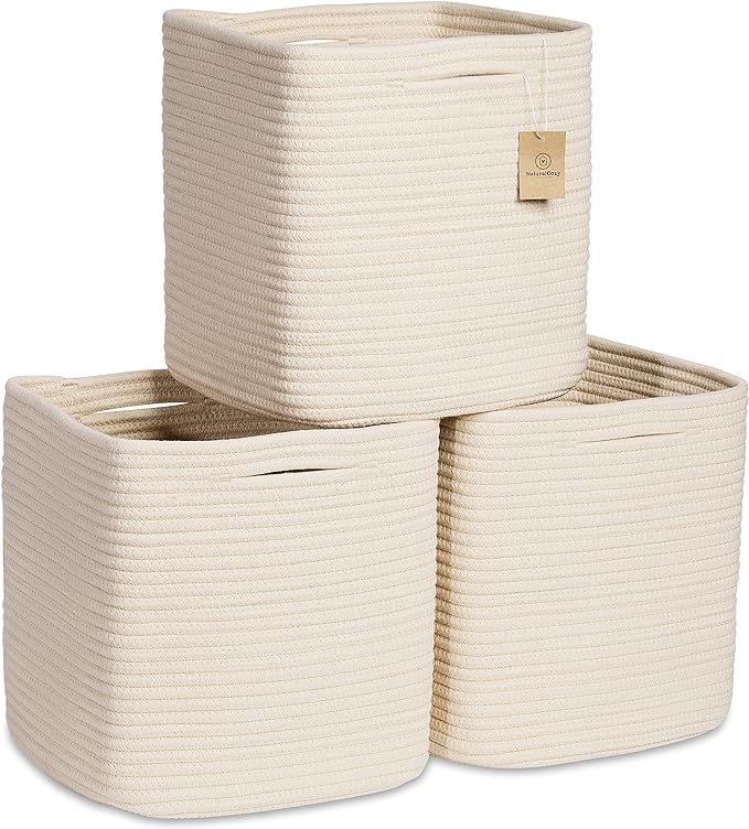 NaturalCozy Storage Cubes 11 Inch Cotton Rope Woven Baskets for Organizing, 3-Pack | Cube Storage Bin | Square Storage Baskets for Shelves Organizer, Classroom, Kids Toy Bins, Closet, Baby Nursery