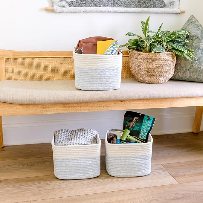 NaturalCozy Storage Cubes 9”x9”x7”Cotton Rope Woven Baskets for Organizing 3-Pack | 9 Inch Cube Storage Bin | Small Basket for Shelf Nursery, Pantry, Decorative Plant, Bathroom Closet, Toy Gift