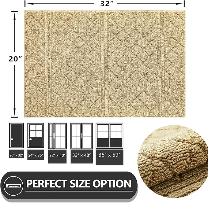 REFETONE Indoor Doormat, Front Back Door Mat 20"x32" Absorbent Rubber Backing Non Slip Door Mats, Low-Profile Resist Dirt Entrance Rugs, Machine Washable Door Rug Inside Floor Mat for Entryway, Beige