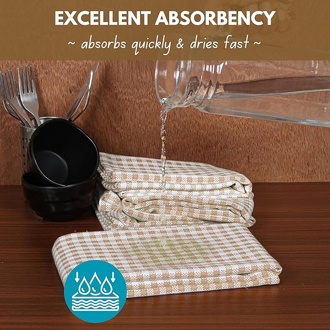 Native Fab Beige Gingham Kitchen Dish Towels 4 Pack 16"x26" - 100% Cotton Absorbent Plaid Tea Towels, Dish Cloths for Quick Drying, Reusable Dishcloth Set, Beige White