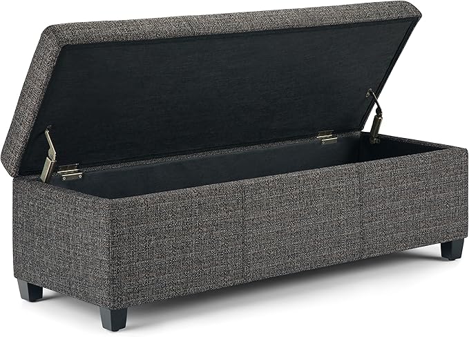 SIMPLIHOME Avalon 48 inch Wide Contemporary Rectangle Storage Ottoman Bench in Dark Grey Tweed Look Fabric, Assembled, For the Living Room, Entryway and Family Room
