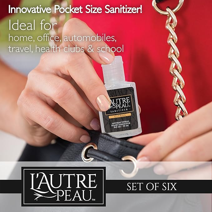 L'AUTRE PEAU Advanced Hand Sanitizer Gel with Aloe Vera, Citrus Scented 0.5 Fl Oz Travel Size Multi Pack – Flip Cap Bottles (6, No travel Strap)