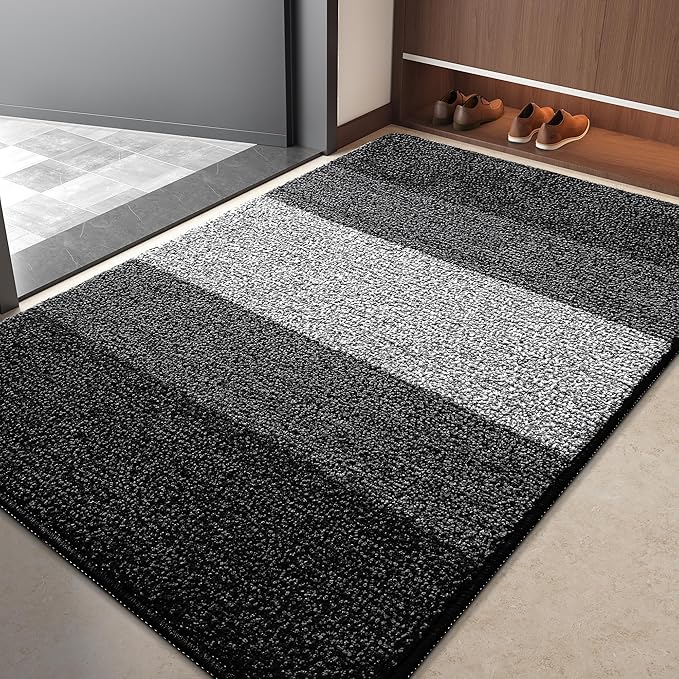 Kitinjoy Indoor Outdoor Door Mat, 40x32 Non-Slip Absorbent Dirt Trapper, Low-Profile Washable Inside Entrance Front Floor Mat, Sturdy Soft Entry Doormats for Entryway, Black