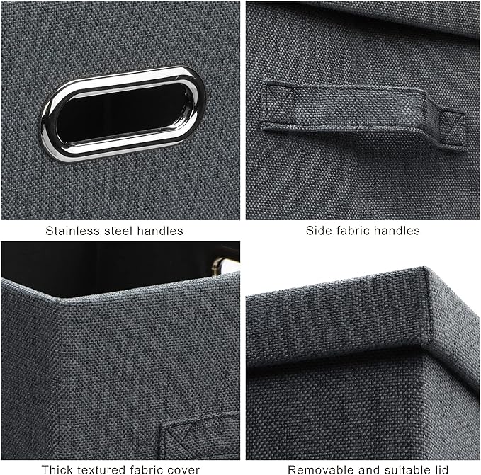 Large 17" 36 Quart Collapsible Stackable Storage Bins with Lids, 3 Packs Dark Gray Foldable Fabric Closet Storage Boxes with Lids, Heavy-duty Linen Cube Baskets(17x12x11)