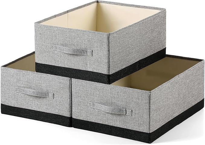 Linen Folding Storage Bins, 3 Pack Large Storage Baskets, Washable, Clothing Storage Bins with Handle, Closet Organizer for Storage Sweater,Sheets (gray black, 18½"x13½"x8½")