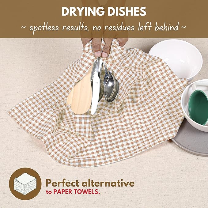 Native Fab Gingham Check Kitchen Dish Towels 16"x26" Set of 12-100% Cotton Mini Plaid Washcloths - Absorbent Dish Cloths Set, Cleaning Hand Towels with Hanging Loop - Beige White