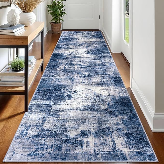IOHOUZE Abstract Runner Rug 3x12 Ft Washable Runners for Hallways, Non Slip Kitchen Runner Printed Faux Wool Entryway Runner Indoor, Modern Abstract Floor Carpet for Hall Kitchen, Navy/Grey