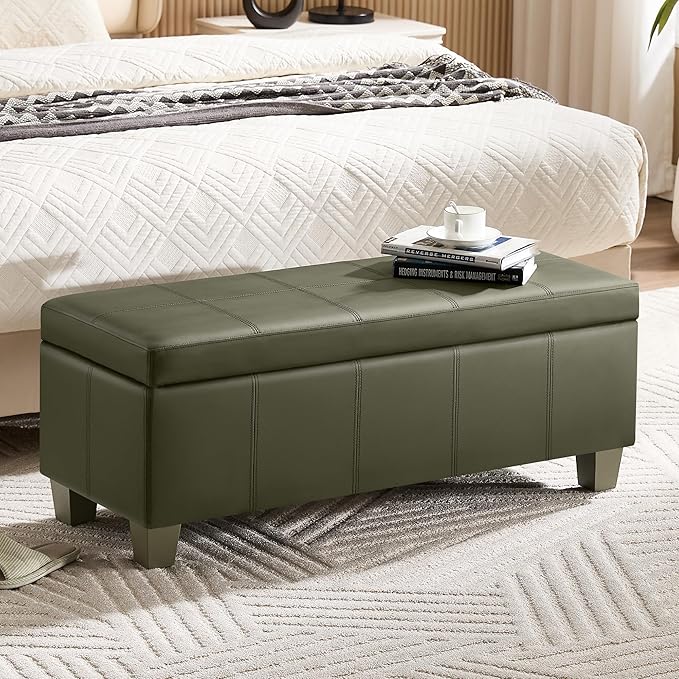 41" Faux Leather Storage Ottoman, Stitch Tufted Rectangle Upholstered End of Bed Storage Bench, Entryway Large Couch Ottoman with Wooden Legs,Green