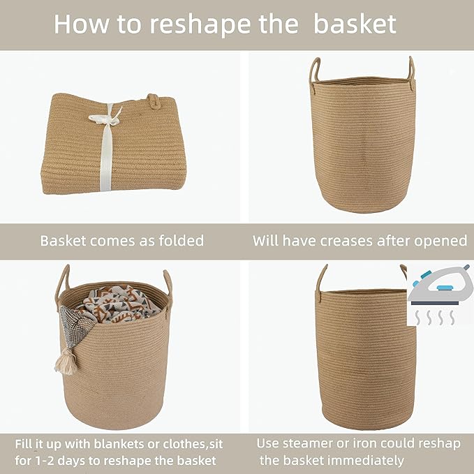 Cotton Rope Laundry Basket Hamper for Clothes Woven Storage Basket for Living Room Bedroom Boho Tall Rope Baskets for Blanket Toys Pillow Towels Baby Nursery Hamper Bin Large jute