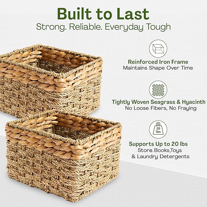 Small Wicker Baskets for Storage 2-Pack, Natural, Woven Baskets for Organizing Living Room, Pantry Baskets, Shelves - Small Size - 8x7x5.5 inches
