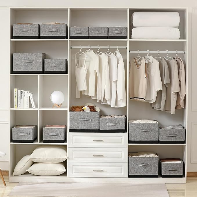 linen closet organizers and storage, 3 Pack Large Storage Baskets, Washable, Clothing Storage Bins with Handle, Closet Organizer for Storage Sweater,Sheets (gray black, 16"x9½"x6¾")