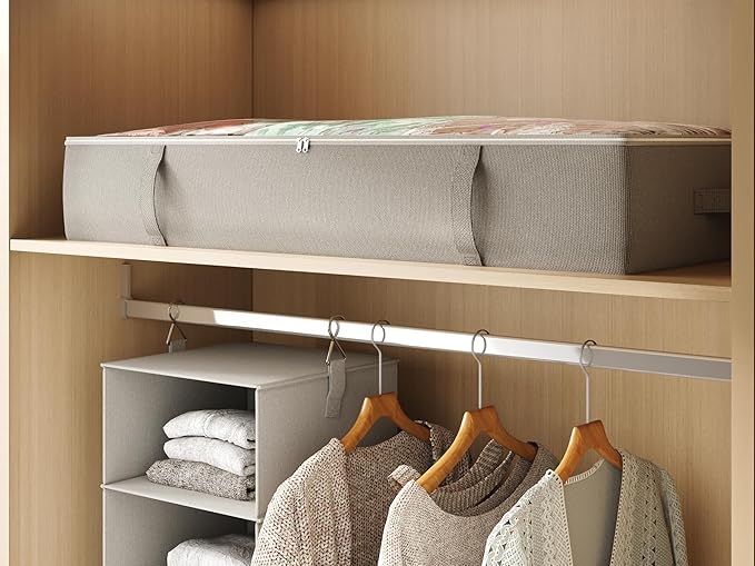 2-Pack Under Bed Storage Containers, 8 Inches Tall Underbed Clothes Storage Organizer Bin with Sturdy Sidewalls/Bottom, Under the Bed Storage Bags 2 Storage Bins, Light Grey