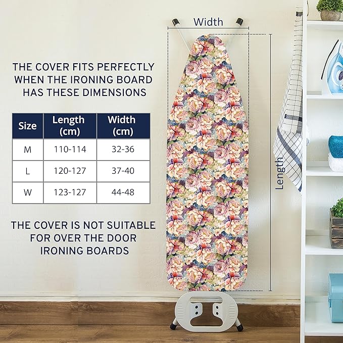 Encasa XO Ironing Board Cover and Pad 49"x18" - Free Silicone Iron Rest & Mesh Cloth - 4mm Felt, Wide Iron Board Cover with Padding - Heat Resistant, Non Slip Drawstring Wildflowers