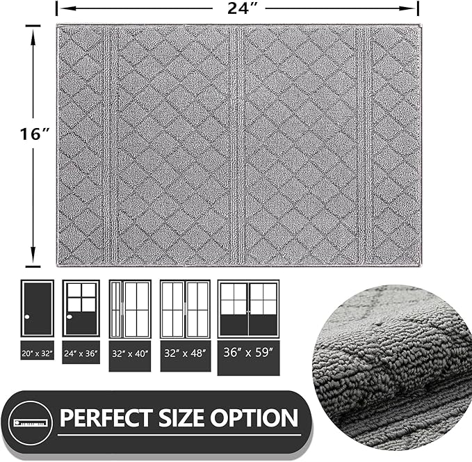 REFETONE Indoor Doormat, Front Back Door Mat 16"x24" Absorbent Rubber Backing Non Slip Door Mats, Low-Profile Resist Dirt Rugs, Machine Washable Door Rug Inside Floor Mat for Entryway, Light Grey