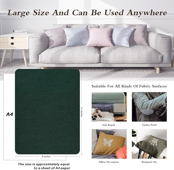 KING MOUNTAIN Coarse Linen Repair Patches, Self-Adhesive Linen Fabric Patches, 8X11 inch 2 PCS, Multi Color, Can be Used for Linen Sofa Repair and Linen Clothes Repair(8" x 11"-2PCS,Dark Green)