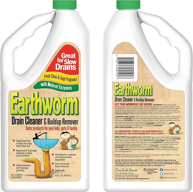 Earthworm Drain Cleaner - Drain Deodorizer - Natural and Safer for Families - Six (6) 32 oz Bottles