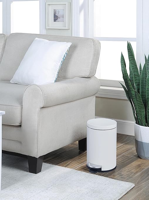 SunnyPoint 4.5 Liter(1.2 Gallon) Small Round Trash Can with Plastic Inner Bucket; Bathroom, Office, Kitchen and Bedroom Step On and Slow Close (WHT)