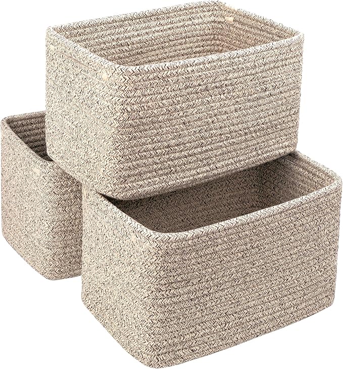 Small Cotton Rope Basket – Storage Bin for Organizing (10.6" x 6.7" x 6.7"), Bathroom Storage Basket for Shelf, Counter & Closet（Beige）