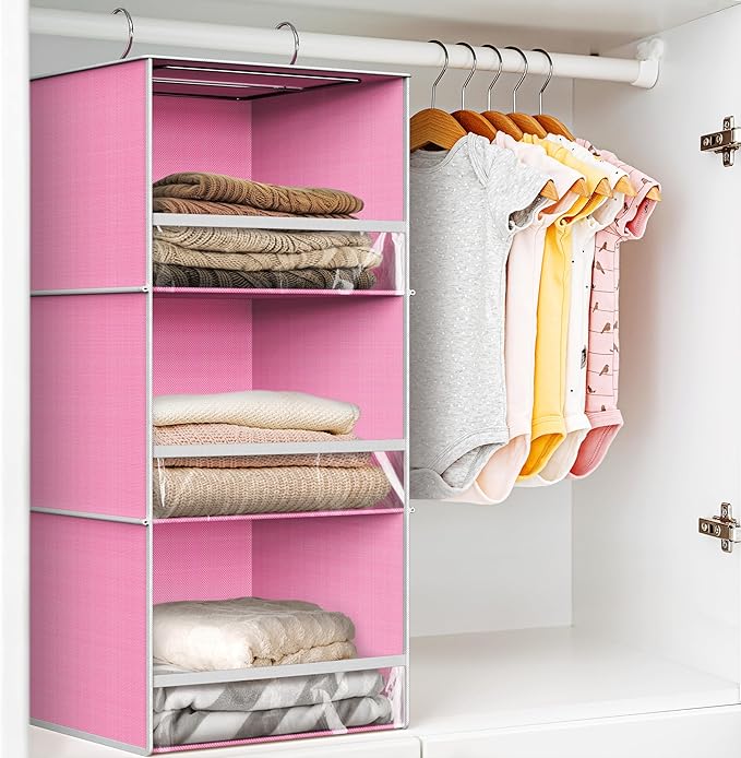 Simple Houseware 3 Shelf Hanging Closet Organizer with Front Stopper, Pink