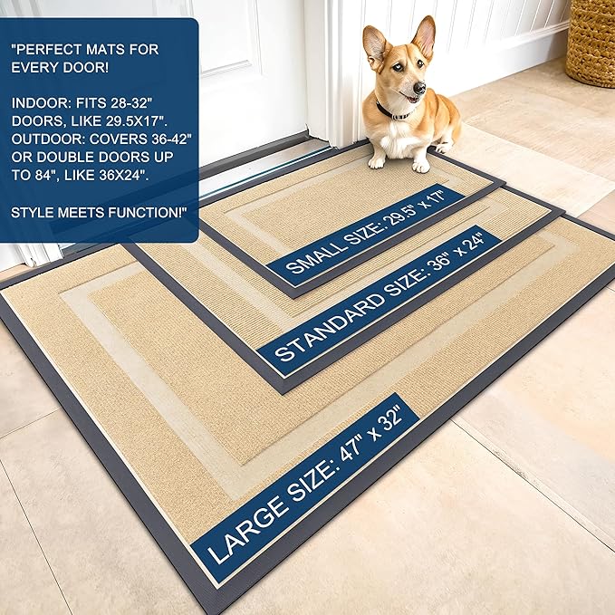 OLANLY Front Door Mat Indoor Outdoor Entrance, Waterproof All-Season, All-Weather Doormat, Sturdy Natural Rubber, Fade Resistant, Low Profile, Easy Clean Patio Porch Entryway Mat, 71x47, Beige