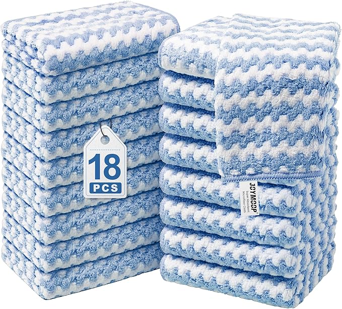 JOYMOOP Microfiber Cleaning Cloths – 18 Pack, 10" x 10", Blue – Reusable, Lint-Free, Super Absorbent Towels for Kitchen, Car, and Household Cleaning
