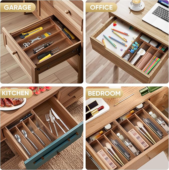Silverware Organizer, 10 Inch Utensil Organizer Kitchen Drawer Organizer Acacia Silverware Holder Cutlery Tray Organizer in Drawer Flatware Organizer Tray(5 slots, Acacia）