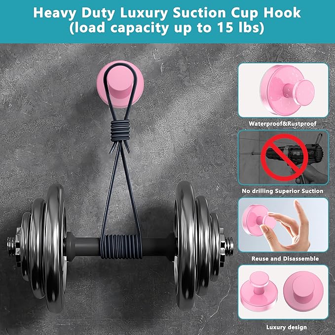 Suction Cup Hooks for Shower,Removable No Drill Towel Hooks,Upgraded 15 lbs Strong Suction hooks for Bathroom Tile,Shower Wall,Glass Door,Kitchen-Loofah,Coat,Stainless Waterproof-Pink 2 Pcs