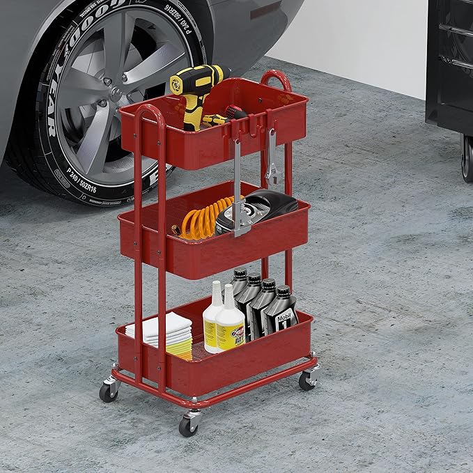Simple Houseware 3-Tier Heavy Duty Metal Utility Rolling Cart, Red