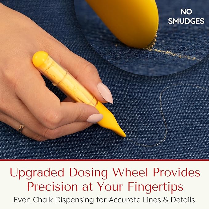 Fabric Markers for Sewing – Ergonomic Tailors Chalk Pen with Improved Dosing Wheel for Sharp Lines - Washable Sewing Chalk Marking Pens that are Compatible with Most Fabrics - Yellow 1 Pack