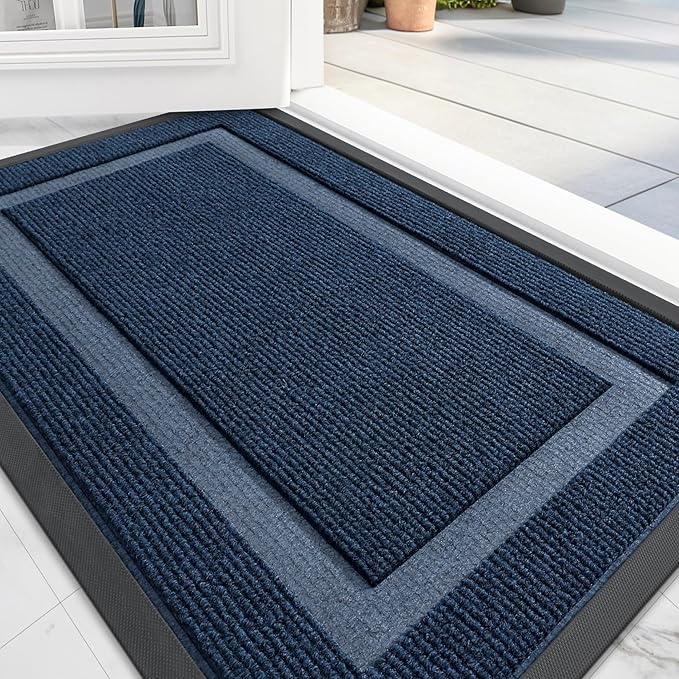 OLANLY Front Door Mat Indoor Outdoor Entrance, Waterproof All-Season, All-Weather Doormat, Sturdy Natural Rubber, Fade Resistant, Low Profile, Easy Clean Patio Porch Entryway Mat, 59x30, Blue