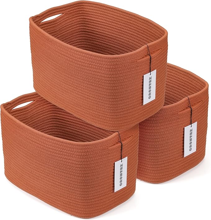 Cotton Rope storage Basket Bins Woven Basket for Organizing Shelves Rectangle Decorative Baskets For storage Clothes Toys Books Towels Square Wicker Nursery basket organizer 3 pack Rust