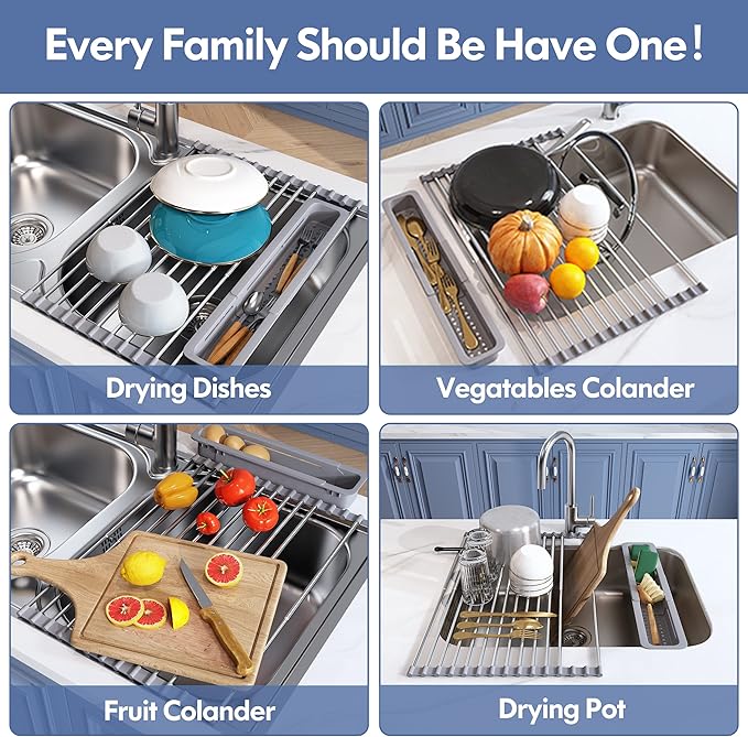 JASIWAY Over The Sink Dish Drying Rack for Kitchen, Expandable (12.8"-23.8" D x 15.5" W) Roll Up Dish Drainer with The Function of Fordable, Rust Proof, Large Sink Cover with Removable Utensil Holder