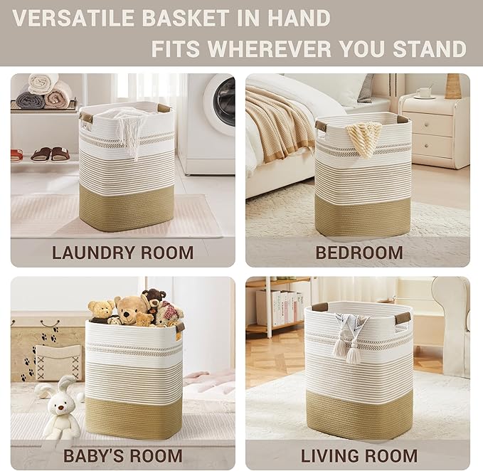 85L Tall Laundry Hamper with Handles for Living Room Storage, Extra Large Woven Rope Baskets Bin for Blanket, Kids Toy, Gifts, Wicker Hamper for Bedroom Dirty Clothes, 17"x14"x22" Khaki