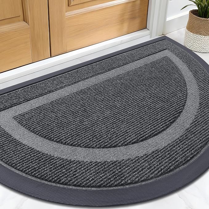 OLANLY Half Circle Door Mat Indoor Outdoor Entrance Welcome, Waterproof All-Season, All-Weather Doormat, Sturdy Natural Rubber, Low Profile, Easy Clean Patio Porch Entryway Mat, 29.5x17, Grey