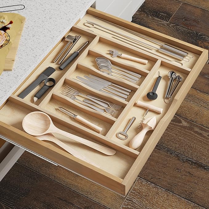 WelFurGeer Premium Wooden Silverware Organizer for Kitchen Drawers, Utensil Tray for Kitchen Drawer, Cutlery Drawer Organizer for Forks, Spoons, Knives - Sturdy Birchwood, Natural Finish