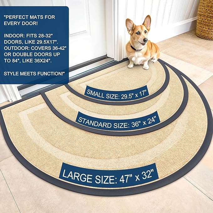 OLANLY Half Circle Door Mat Indoor Outdoor Entrance Welcome, Waterproof All-Season, All-Weather Doormat, Sturdy Natural Rubber, Low Profile, Easy Clean Patio Porch Entryway Mat, 47x23, Beige