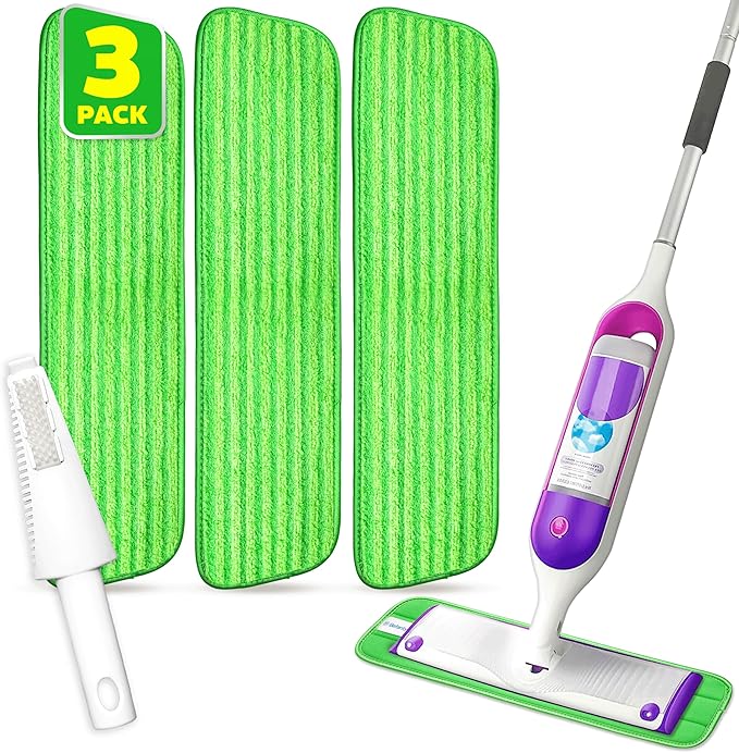 3 Pack Reusable Microfiber Mop Pads, Compatible with Swiffer PowerMop and Bona Mop, Machine Washable Cloths, Scraper Included, Refills for All Floor Cleaning, Wet Dry - 16"- 18"