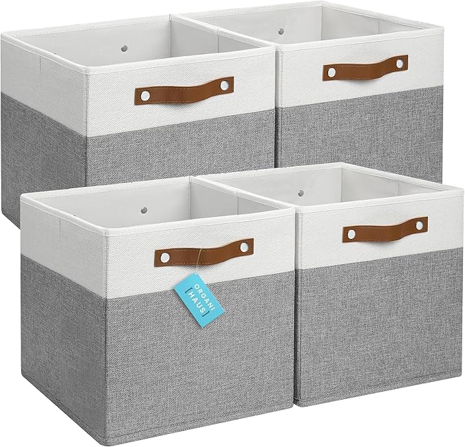 OrganiHaus 12x12 Fabric Storage Bins - Set of 4, Cube Fabric Organizer Bins with Vegan Handles, Kallax Storage Cubes, Cubbies Organizer Boxes, 12Inch Cubic Baskets for Shelves - Grey / White