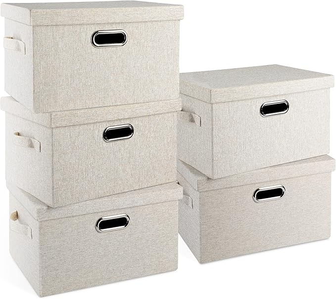 Medium 15" 21 Quart Collapsible Stackable Storage Bins with Lids, 5 Packs Beige Foldable Fabric Closet Boxes Heavy-duty Linen Cube Baskets Container for Bedroom Office (15 x 11 x 8)