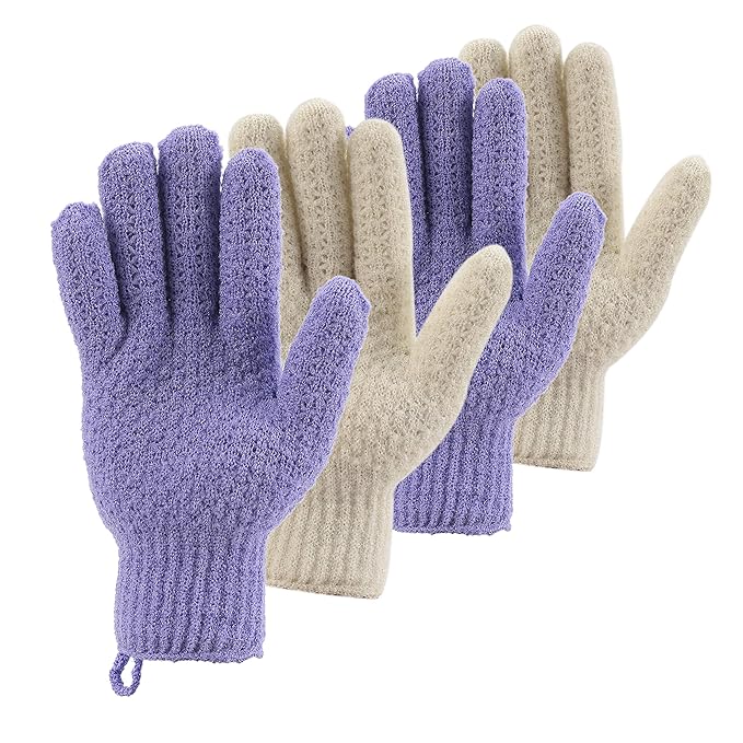 Bath Exfoliating Gloves Scrub - 4 pcs(2 pairs) Lengthened and Large Exfoliating Scrubbing Gloves for Shower, Spa, Massage - Scrub Exfoliating Mitts for Body, Face, Hand （Purple and Beige）