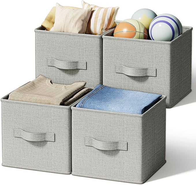 4 Pack Foldable Fabric Closet Storage Bins, 11Inch Organizer Cubes with Handles, Linen Storage Boxes for Clothes, Toys, Books and Home Organization,Gray