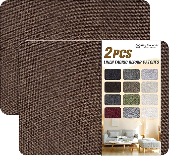 KING MOUNTAIN Coarse Linen Repair Patches, Self-Adhesive Linen Fabric Patches, 8X11 inch 2 PCS, Multi Color, Can be Used for Linen Sofa Repair and Linen Clothes Repair(8" x 11"-2PCS,Coffee Brown)
