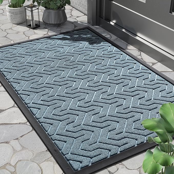 Yimobra Front Door Mat Outside Entrance 29.5x17, Waterproof Heavy Duty Outdoor Mats for Front Door, Non Slip Rubber Entry Mat for Garage Patio, Mix Blue