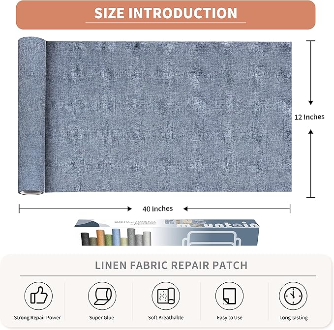 Fine Linen Repair Patches, Self-Adhesive Linen Fabric Patches, 12X40 inch Extra Size, Multi Color, Can be Used for Linen Sofa Repair and Linen Clothes Repair(12" x 40",Blue Grey)