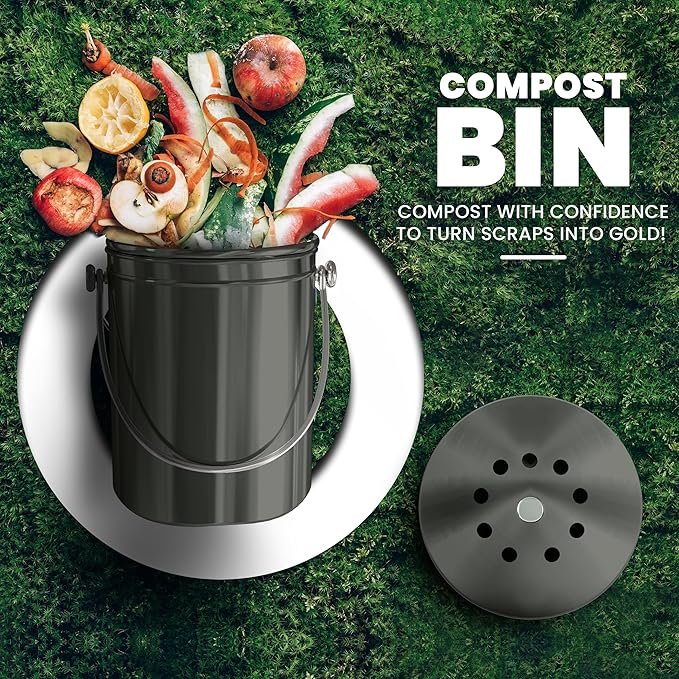 Utopia Kitchen Compost Bin for Kitchen Countertop, 1.3 Gallon Compost Bucket for Kitchen with Lid, Includes 1 Spare Charcoal Filter (Grey)