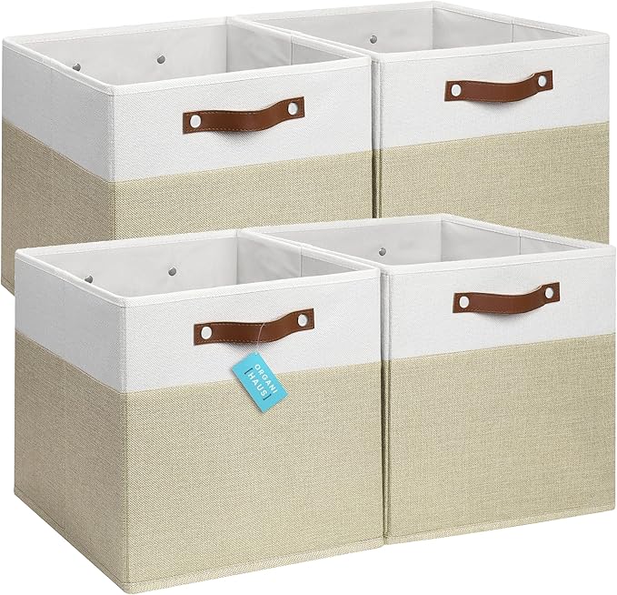 OrganiHaus 13x13 Cube Fabric Storage Bins Set of 4, Fabric Storage Cubes w/ Vegan Handles, 13 inch Collapsible Bins for Clothes & Toy Organizer, Cubbies Organizer, 13x13 Basket for Decor - Beige/White